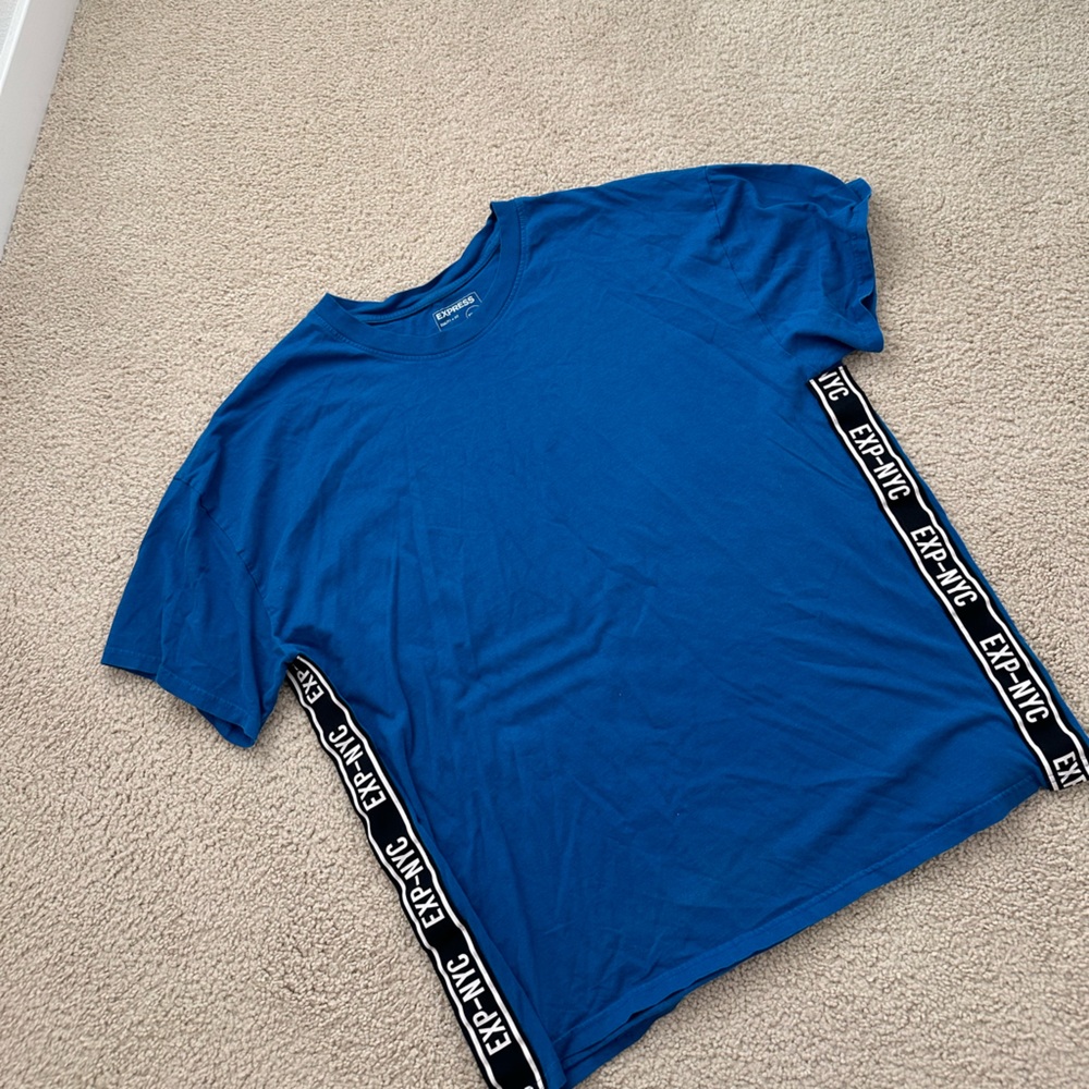 Express EXP-NYC Blue Racer Stripe Shirt Size Medium Street Wear Short Sleeve - Picture 1 of 4